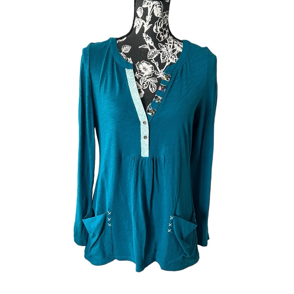 Anthropologie Teal Long-Sleeve V-Neck Tunic Blouse